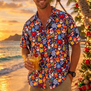 King Kameha Hawaiian Aloha Shirt Unisex 2XL Blue Christmas Santa Snowman